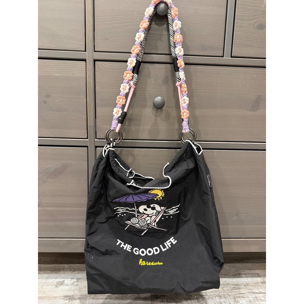 Hore and Whole Snoopy The Good Life Black Nylon Tote Bag Macrame Flower Strap